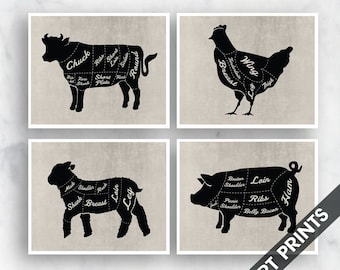Beef, Chicken, Lamb and Pork - Set of 4 - Art Prints (Featured in Black on Vintage Linen) Kitchen Prints