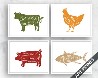 Beef, Chicken, Pork and Fish (Butcher Diagram Series) - Set of 4 - Art Prints (Featured in Tuscany Style Colors) Kitchen Prints