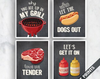 My Grill, Dogs Out, Tender, Get it On (Funny Kitchen Song Series) Set of 4 Art Prints (Featured in Vintage Chalkboard) Kitchen Art