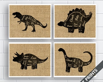 T-Rex, Stegosaurus, Triceratops, Brontosaurus  (Butcher Diagram Series) - Set of 4 - Art Prints (Featured French Country) Kitchen Prints