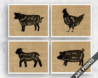 Beef, Chicken, Pork and Lamb  (Butcher Diagram Series) - Set of 4 - Art Prints (Featured French Country) Kitchen Prints