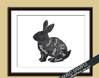 RABBIT (Butcher Diagram Series) - Art Print (Featured in Vintage Chalkboard and White) Customizable Kitchen Prints