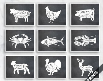 Butcher Diagram Series Collection (Series B2) - Set of 9 - Art Prints (Featured Vintage Chalkboard) Kitchen Prints