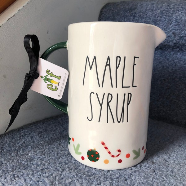 Rae Dunn New Christmas Buddy The Elf Maple Syrup Pitcher w/ Candy Canes Ornaments & Other Holiday Decor Green and White 5 1/2" Tall