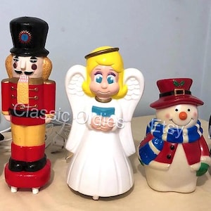 Vintage Christmas Blow Mold Set Penguin, Snowman, Nutcracker, Angel