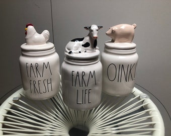 Rae Dunn New Set of 3 Country Kitchen Canisters Pig Cow & Chicken Farm Fresh Farm Life Oink Hard to Find No Damage Never Used 8"