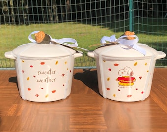 Rae Dunn New Snoopy Mini Baker: &quot;Sweater Weather&quot; Baking Dish with Acorn Lid