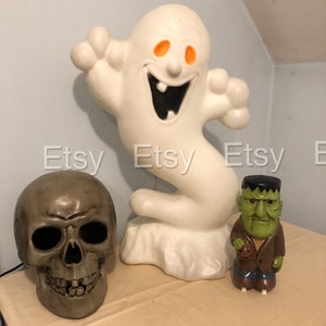 Lot van 3 Halloween Blow Mold Ghost Frankenstein Schedel w / Red Eyes Come w / Light Cord No Damage Decor Prop