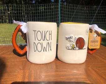 Rae Dunn Peanuts Woodstock Mug "Touch Down" Football Handle Yellow Interior