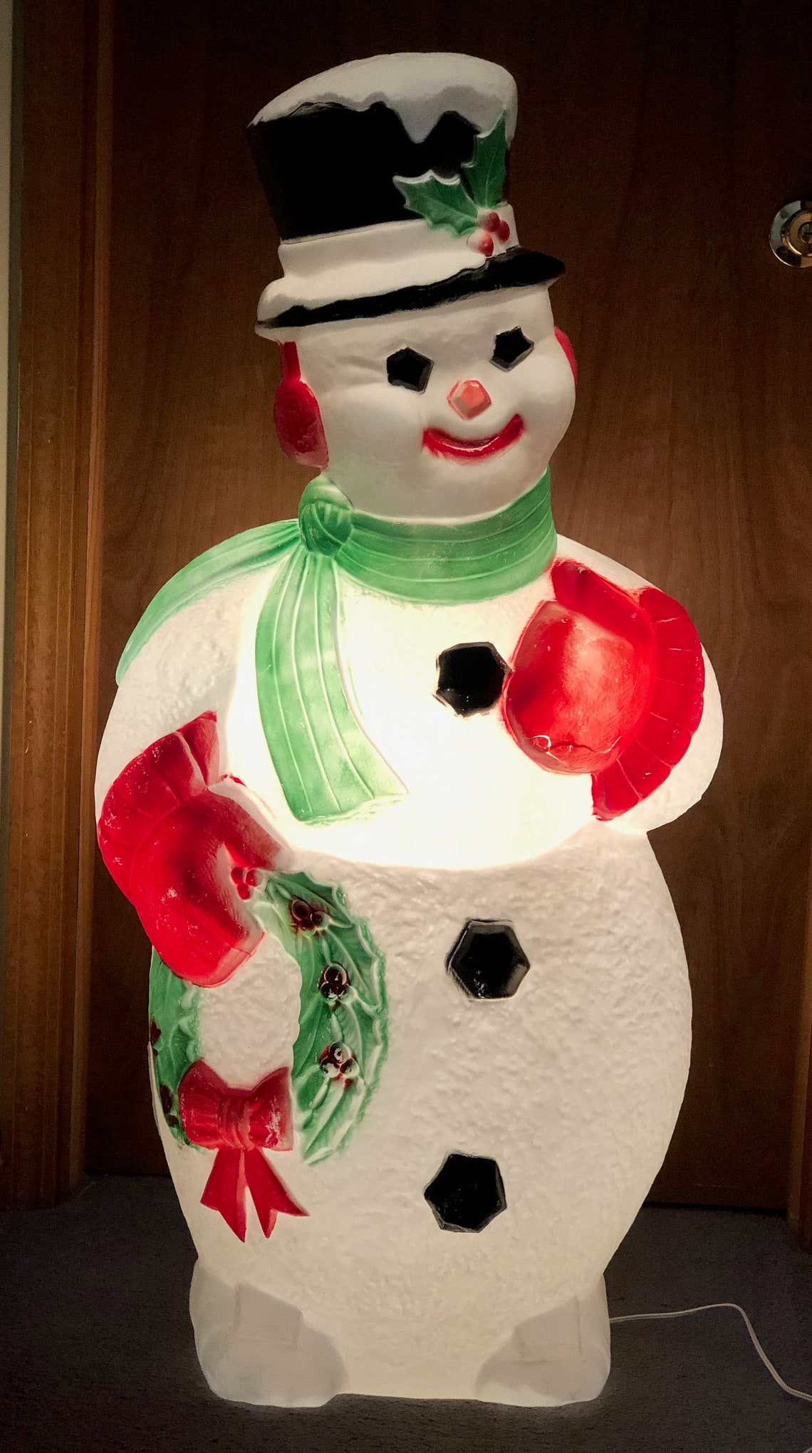 Christmas Blow Mold Snowman Holding Wreath Comes w/ Light Cord Etsy