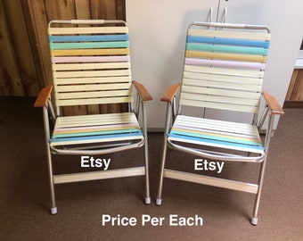 Vintage Retro Pastel Colors Vinyl Strap Aluminum Frame Wood Arms Folding Lawn Patio Pool Camping Chair Outdoor Furniture