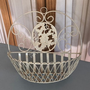 Vintage Mid Century Modern Wrought Iron Hanging Basket Shelf: Grape Leaf Decor
