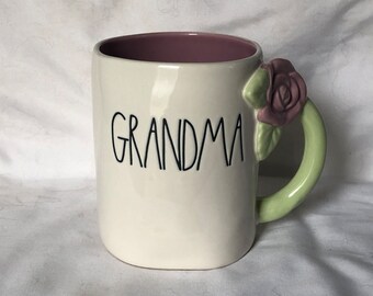 Rae Dunn New Grandma Mug w/ Rose Pink Interior Green Handle No Damage Never Used