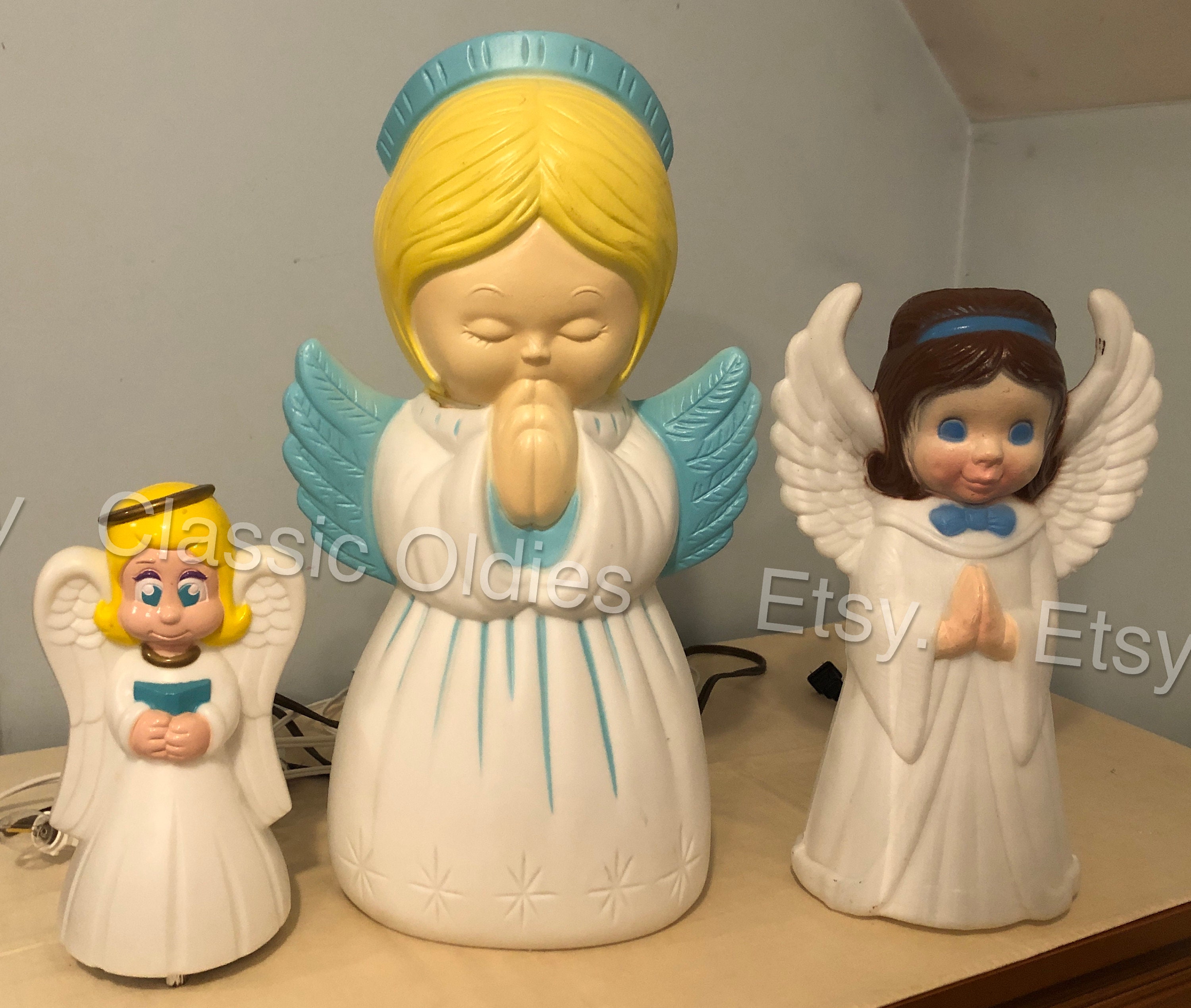 3 Vintage Blow Mold Angel Trio Grand Venture Blue Wing Christmas