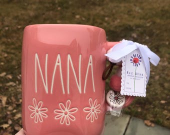 Rae Dunn New "Nana" All Pink Mug w/ White Daisies & Ceramic Daisy Charm