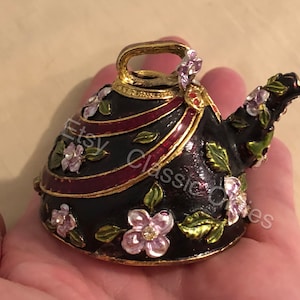Gorgeous Enamel Enamelware Brass Teapot Trinket Box or Pill Box Magnetic Closure Decorated w/ Flowers No Damage