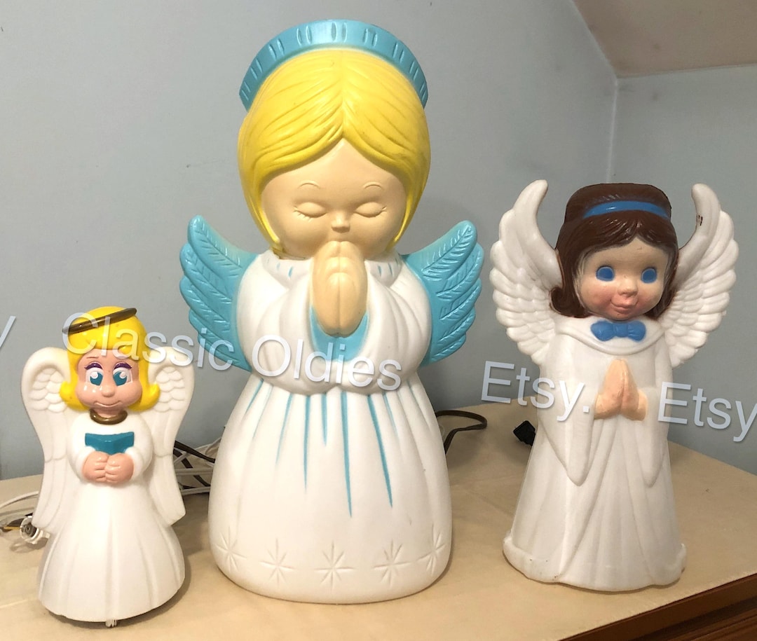 3 Vintage Blow Mold Angel Trio Grand Venture Blue Wing Christmas