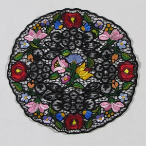 Hand embroidered 12.2&quot; Hungarian Kalocsa lace doily, richelieu centerpiece