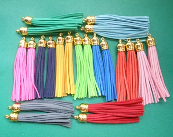 20pieces Mixed color 90x10mm Suede Leather Tassel With Gold color plastic Cap Tassel Fringe Tassel with Shinny