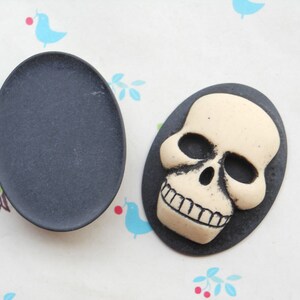 May include: Two black and white skull cabochons. One skull is on a black background and the other is on a white background.