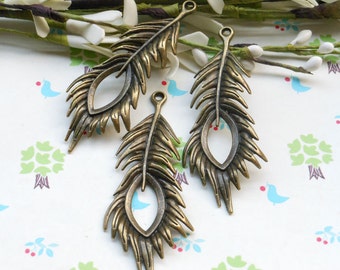 10 Pcs 28x72mm Large Peacock Feather Charms Antique Bronze Feathers Charm Peacock Charm Bird Charm Vintage Style Pendant Charm