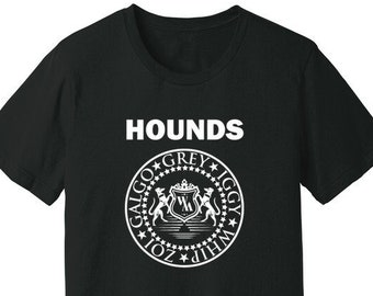 Hounds, the Band! Unisex T-shirt in Vintage Black (shirts for dog lovers, greyhound apparel, sighthound t-shirts, Galgo t-shirts)