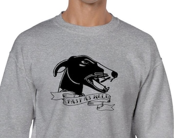 Fast As Hell Unisex Heavy Blend Crewneck Sweatshirt (Shirts for Greyhound Lovers; Sighthounds, Galgos, Borzois, Salukis, Whippets, Iggies)