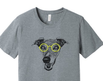Sophisticated Hound with Gold Glasses, Unisex Grey t-shirt (Shirts for Greyhound Lovers, Sighthounds)