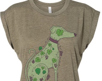Hounds, Hops, and Grapes - Damen Olive Flowy Tank (Shirts für Windhund liebhaber, Windhunde, Galgos, Whippets, Iggies)