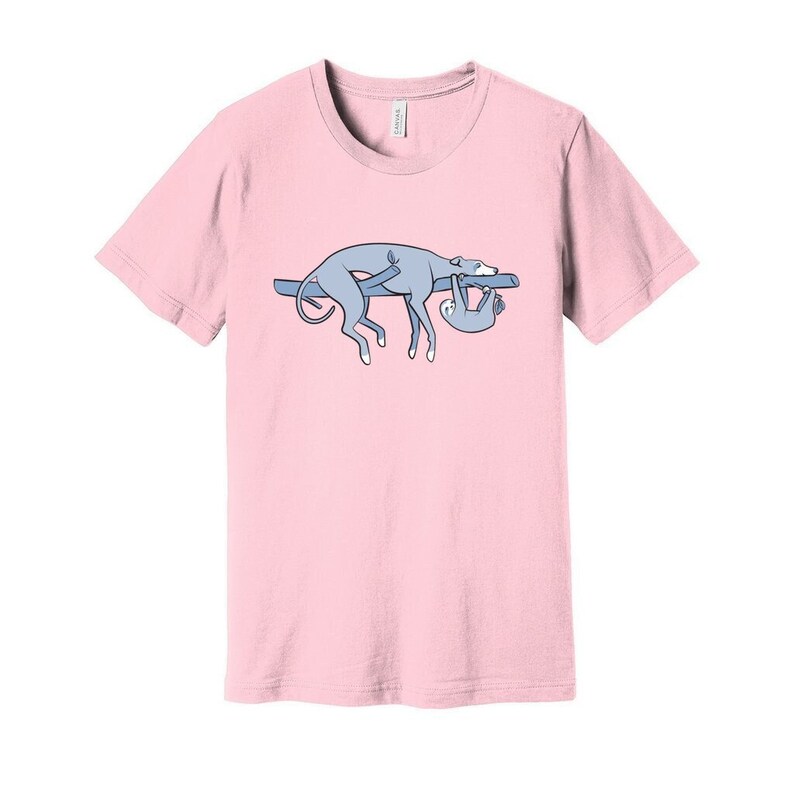 Sloth, the Hound Unisex Pink T-shirt Shirts for Greyhound Lovers, Sighthounds, Galgos, Whippets, Sloth, image 1