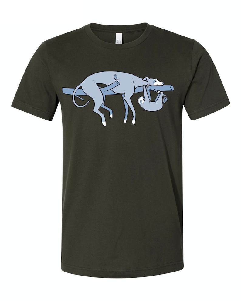 Sloth, the Hound Unisex Dark Olive T-shirt Shirts for Greyhound Lovers, Sighthounds, Galgos, Whippets, Sloth, image 1