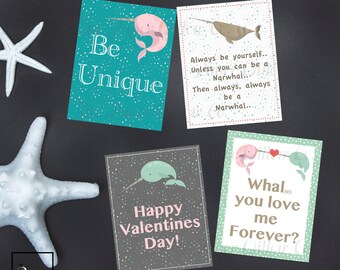 Narwhal Valentine-DIY Printable-Holiday Card-INSTANT DOWNLOAD-Holidays-Valentine-Narwhals