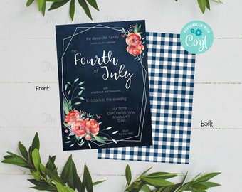 Fourth of July-Floral-Invitation-Printable-Edit using Corjl-Template-Personalize on Phone Tablet or Computer-Sailboat-Ocean-Nautical