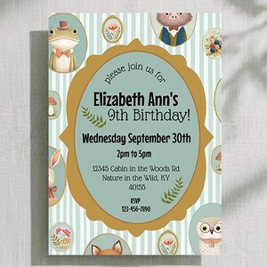 May include: A rectangular birthday invitation card with a light blue and white striped background. It features a central gold scalloped frame containing text: Elizabeth Ann's 9th Birthday, Wednesday September 30th, 2pm to 5pm, 12345 Cabin in the Woods Rd, Nature in the Wild, KY 40155, RSVP 123-456-7890. The border includes small circular illustrations of animals and flowers.