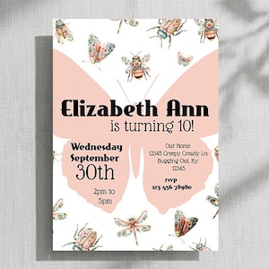 May include: A rectangular birthday invitation card featuring a large pale pink butterfly silhouette in the center. The card displays illustrations of various insects and butterflies, with black text reading Elizabeth Ann is turning 10!