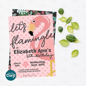 May include: Pink flamingo birthday party invitation with the text "let's flamingle at Elizabeth Ann's 10th birthday!" The invitation includes the date, time, and address. The background is pink with small flower patterns.