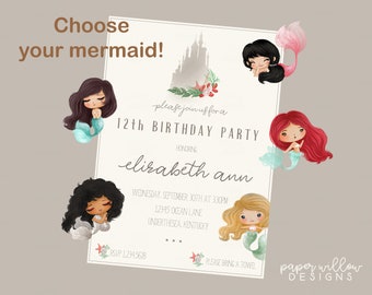 Mermaid-Sandcastle, Birthday, Invitation-Printable, Edit using Corjl, Little Mermaid Party, Under the Sea Invite, Beach Themed Birthday