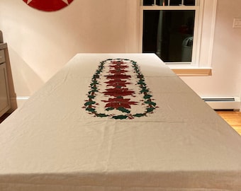 vintage christmas tablecloth poinsettia holly
