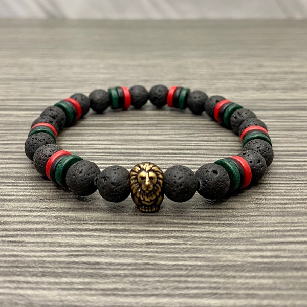 Pan African Inspired RBG with Brass Oxide Lion Bead Lava Stone and Ceramic Stretch Bracelet Men Women