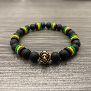 Jamaican Flag Inspired with Brass Oxide Lion Bead Matte Onyx Stone and Ceramic Stretch Bracelet Men Women