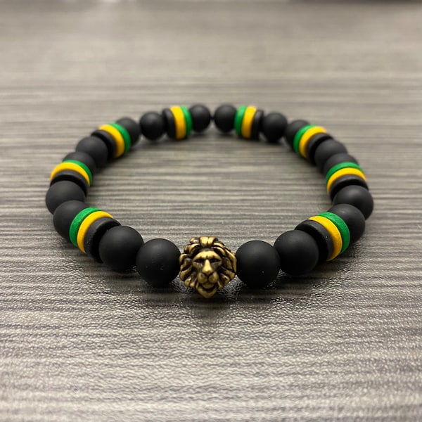 Jamaican Flag Inspired with Brass Oxide Lion Bead Matte Onyx Stone and Ceramic Stretch Bracelet Men Women