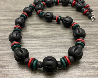 Pan African RBG Flag Inspired Wooden Ceramic Lava Stone Large Beaded Necklace Men Women