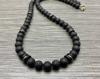 African Inspired Black Lava Stone and Black Ceramic with Brass Oxide Accents Beaded Necklace Men Women