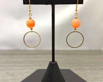 Orange Matte Fire Crackle Agate Gold Tone Stainless Steel Circle Dangle Earrings