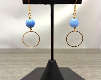 Light Sapphire Blue Fire Crackle Agate Gold Tone Stainless Steel Circle Dangle Earrings