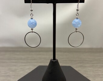 Light Sapphire Blue Fire Crackle Agate Stainless Steel Circle Dangle Earrings