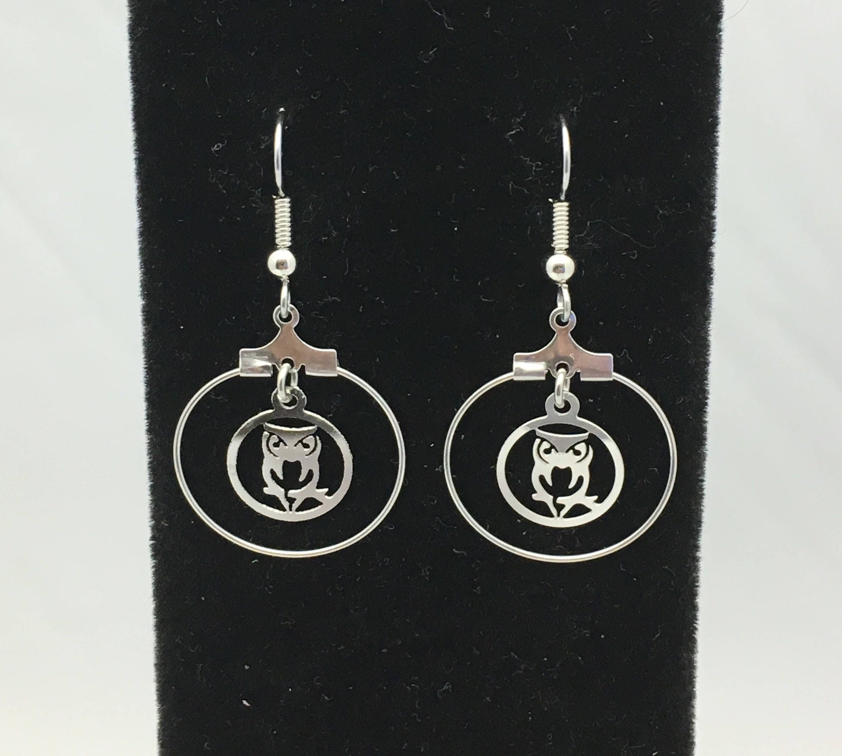 Tiny Owl Stainless Steel Floating Hoop & Dangle Earrings