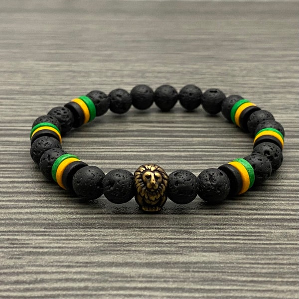 Jamaican Flag Inspired with Brass Oxide Lion Bead Lava Stone and Ceramic Stretch Bracelet Men Women