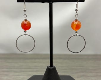 Faceted Red Striped Agate Stainless Steel Circle Dangle Earrings