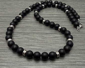 Black Matte Onyx Large Gemstone with Stainless Steel Beaded Necklace Men Women